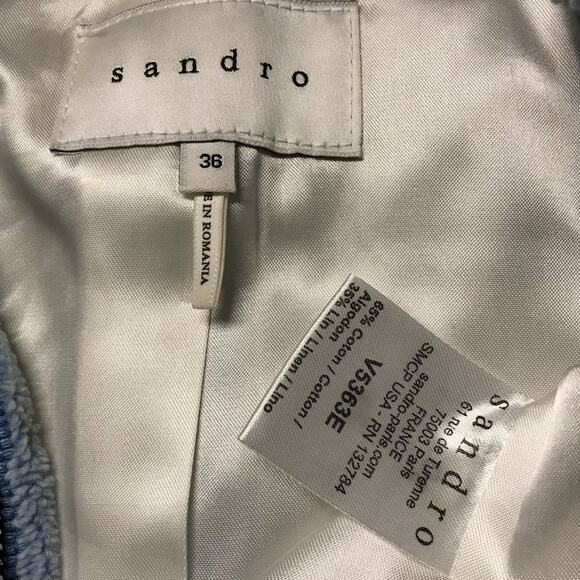 Sandro Chambray Open Front Raw Edge Blue Linen Cotton Blazer Coat Jacket Size 36 - Picture 10 of 11